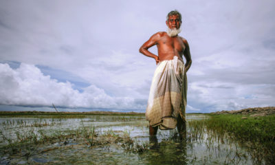 农民阿卜杜勒·马杰德（Abdul Majed）被迫从种植米饭转向饲养虾，因为盐水侵入孟加拉国库尔纳的帕迪（Saltwater）。