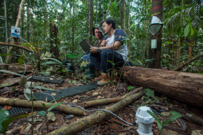 科学家布鲁诺·波特拉(Bruno Portela)和伊恩·哈特利(Iain Hartley)从土壤湿度探测器上提取数据，这是亚马逊脸项目的一部分。