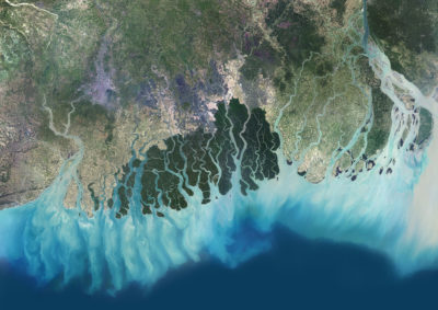 Ganges-brahmaputra delta的卫星视图。水力电压和沙坑显着降低了沉积物流入三角洲。