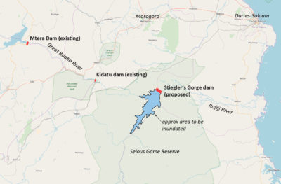 地图显示了Stiegler的峡谷水坝和在其背后创建的大量水库。